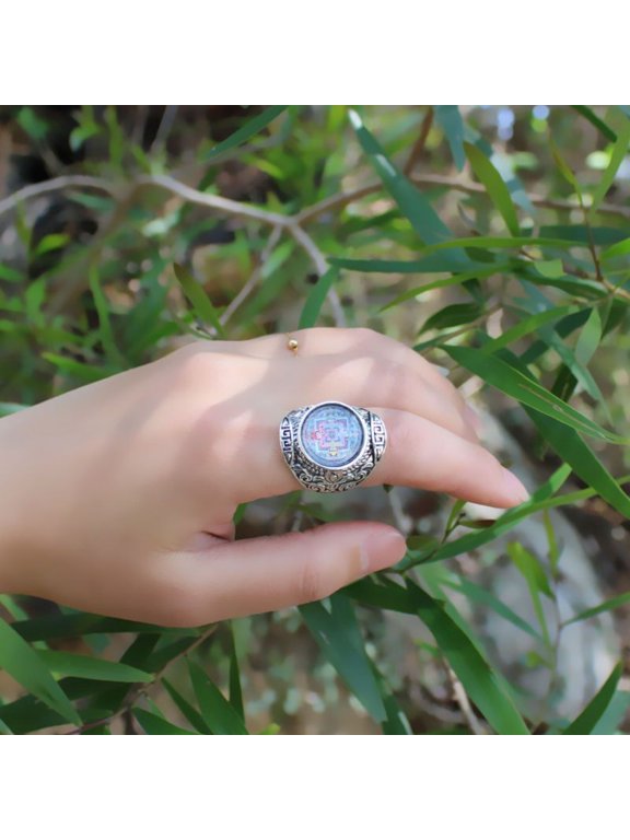 Tibetan Thangka Mandala Ring White Green Tara Immovable Buddha Adjustable Ring Buddhist Jewelry Religious Gift