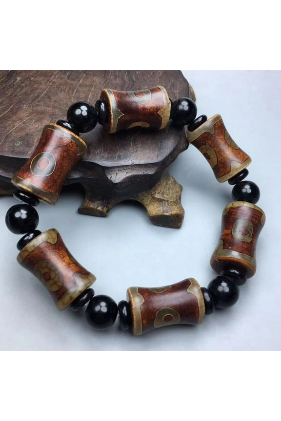 Tibetan Three Eye Bamboo Dzi Bead Bracelet Hand Strung Cord Unisex Spiritual Amulet Jewelry for Men and Women