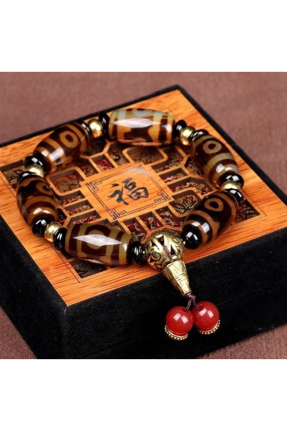 Tibetan Three Eye Dzi Bead Bracelet Buddhist Prayer Beads Ethnic Style Unisex Amulet Jewelry Cord Spiritual Gift