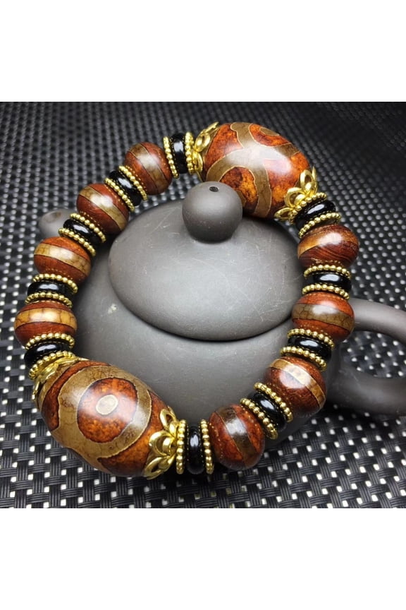 Tibetan Three Eye Dzi Bead Bracelet for Men Handmade Ethnic Amulet Jewelry Spiritual Protection Charm