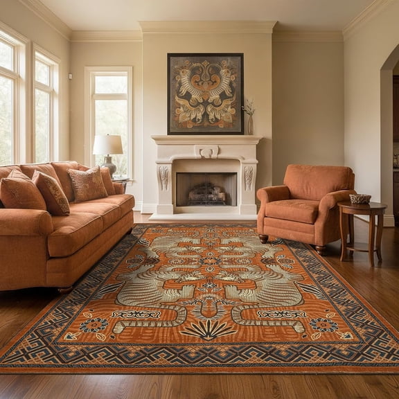 Tibetan Tiger 8x10 Washable Area Rugs for Living Room, Boho Tribal Terracotta Soft Animal Print Throw Rug Vintage Non Slip Ultra Thin Stain Resistant Floor Carpet for Office Bedroom