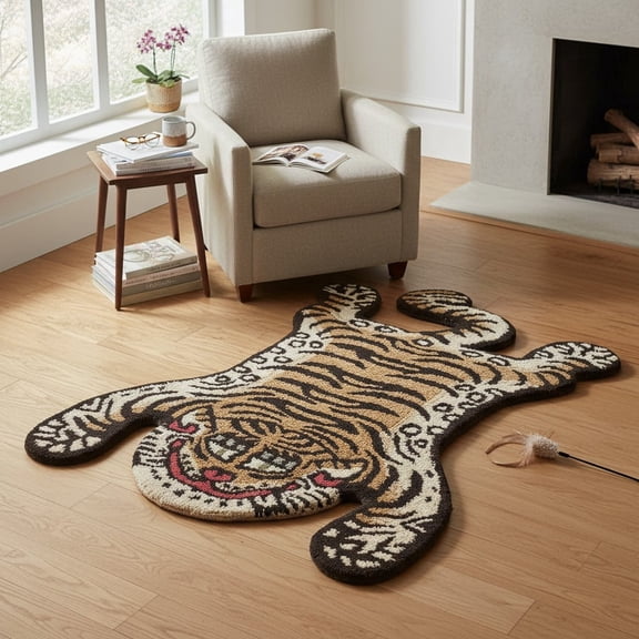 Hand-Tufted Tibetan Tiger Wool with Cotton Backing Rug, 2x3 ft Unique Ellington Area Rug, Aesthetic Tiger Design Carpet for Home Dcor