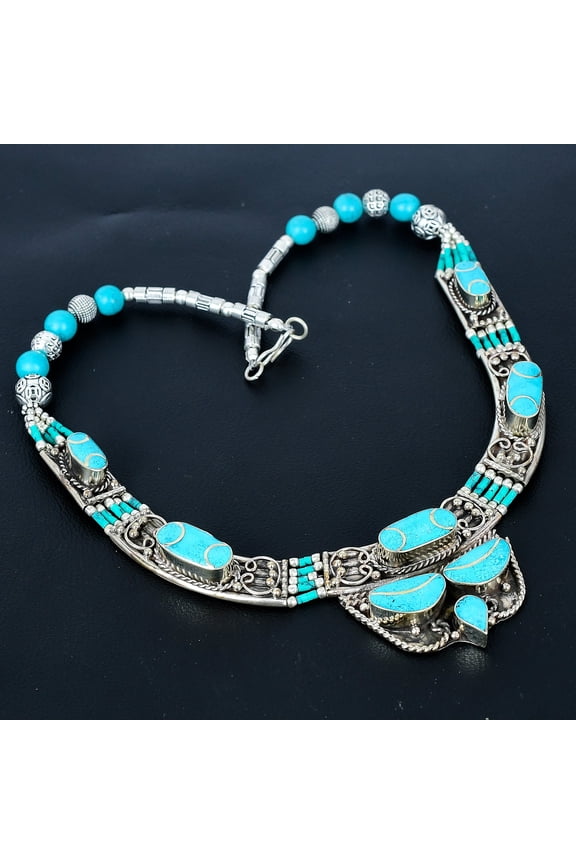 Tibetan Turquoise 925 Sterling Silver Statement Gift Nepali Necklace 18" VJ 6843