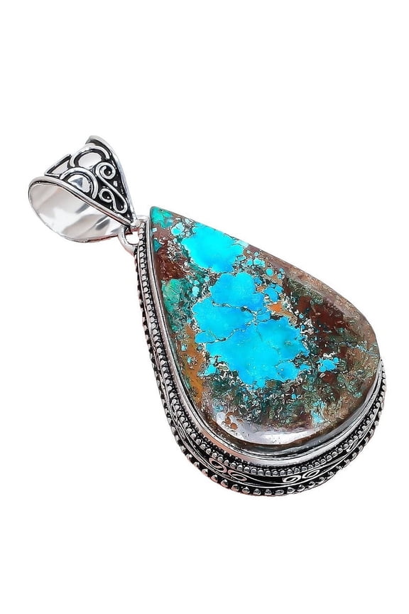 Tibetan Turquoise Gemstone Handmade 925 Sterling Silver Jewelry Pendant 2.17" AH-813