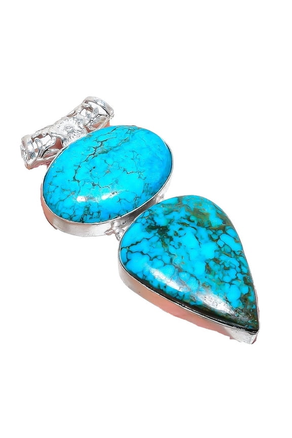 Tibetan Turquoise Gemstone Handmade 925 Sterling Silver Jewelry Pendant 2.17" AH-935