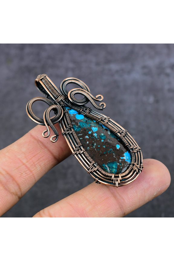 Tibetan Turquoise Gemstone Handmade Copper Wire Wrap Jewelry Pendant 2.56"