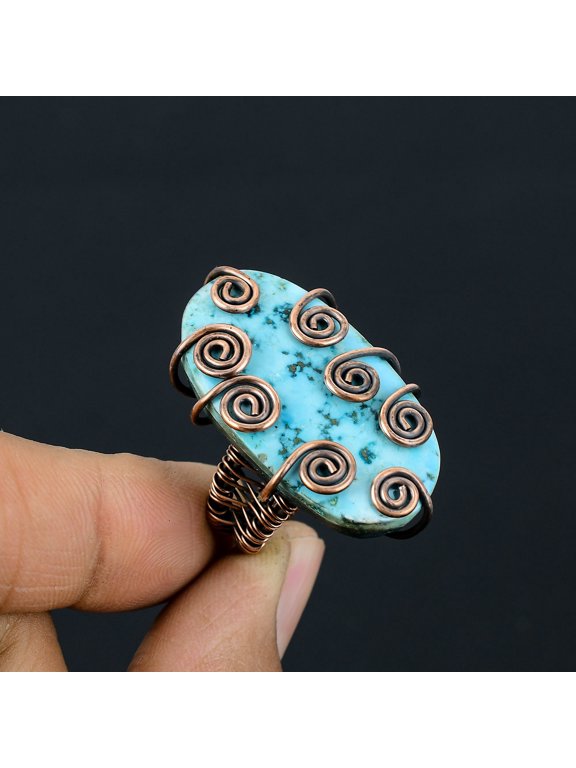 Tibetan Turquoise Gemstone Handmade Copper Wire Wrap Jewelry Ring Size 6.5