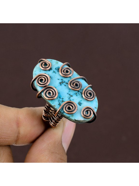 Tibetan Turquoise Gemstone Handmade Copper Wire Wrap Jewelry Ring Size 6.5