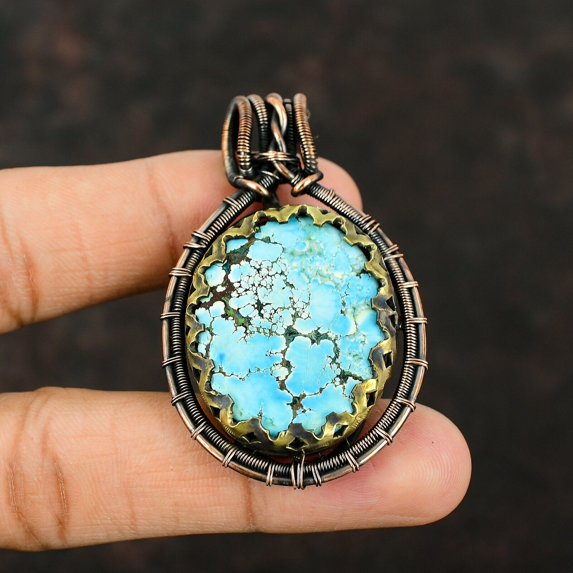 Tibetan Turquoise Jewelry Copper Valentine Gift Wire Wrapped Pendant 2.36"