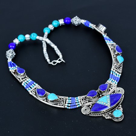 Tibetan Turquoise Lapis Lazuli 925 Sterling Silver Handmade Necklace 18" VJ 6785