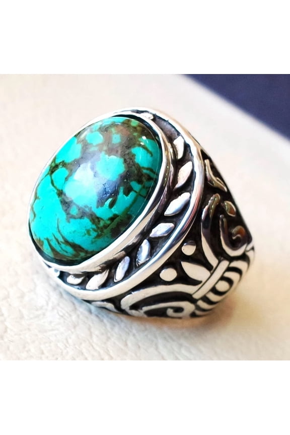 Tibetan Turquoise Ring, Silver Jewelry, 925 Silver Ring, Father's Day, AAA Natural Turquoise, December Birthstone Ring, Heavy Mens Ring, Spiritual Healing Gemstone, Christmas, Signet Mens Ring