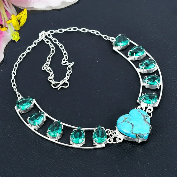 Tibetan Turquoise, Tourmaline Gemstone 925 Sterling Silver Necklace 18"
