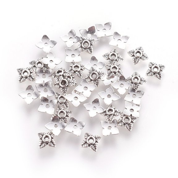 Tibetan style Alloy Bead Caps Flower 4-Petal Cadmium Free Nickel Free Lead Free Silver 6x6x2mm Hole: 1mm