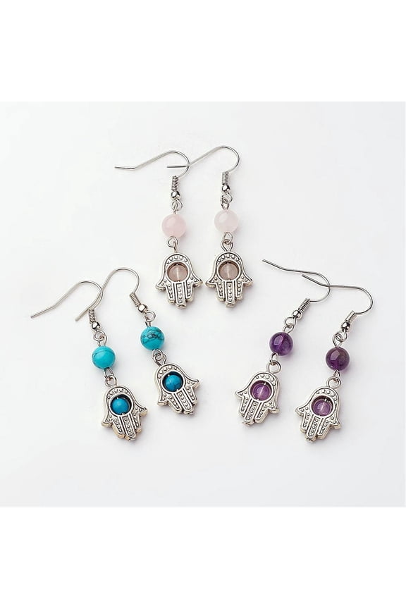 Tibetan style Alloy Dangle Earring Natural & Mixed Stone Beads with Brass Earring Hooks Hamsa Hand/Hand of Fatima/Hand of Miriam 48mm Pin: 0.8mm Mixed Stone