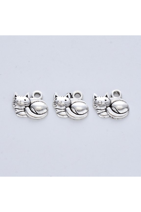 Tibetan style Alloy Kitten Pendants Cadmium Free Lead Free Cat with Roll Over Shape Silver 13x14x3mm Hole: 2mm 625pcs/500g