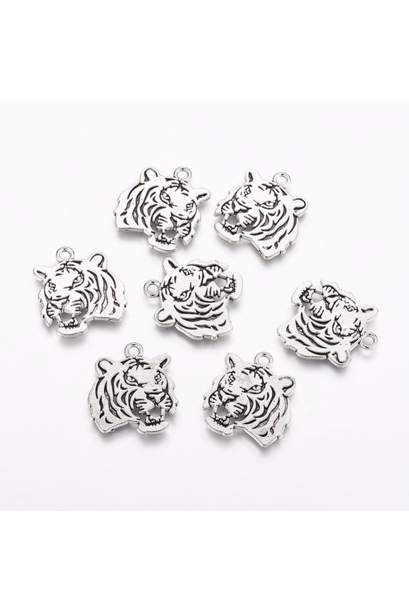 Tibetan style Alloy Tiger Pendants Cadmium Free & Lead Free Silver 27x24x2mm Hole: 3mm about 111pcs/500g