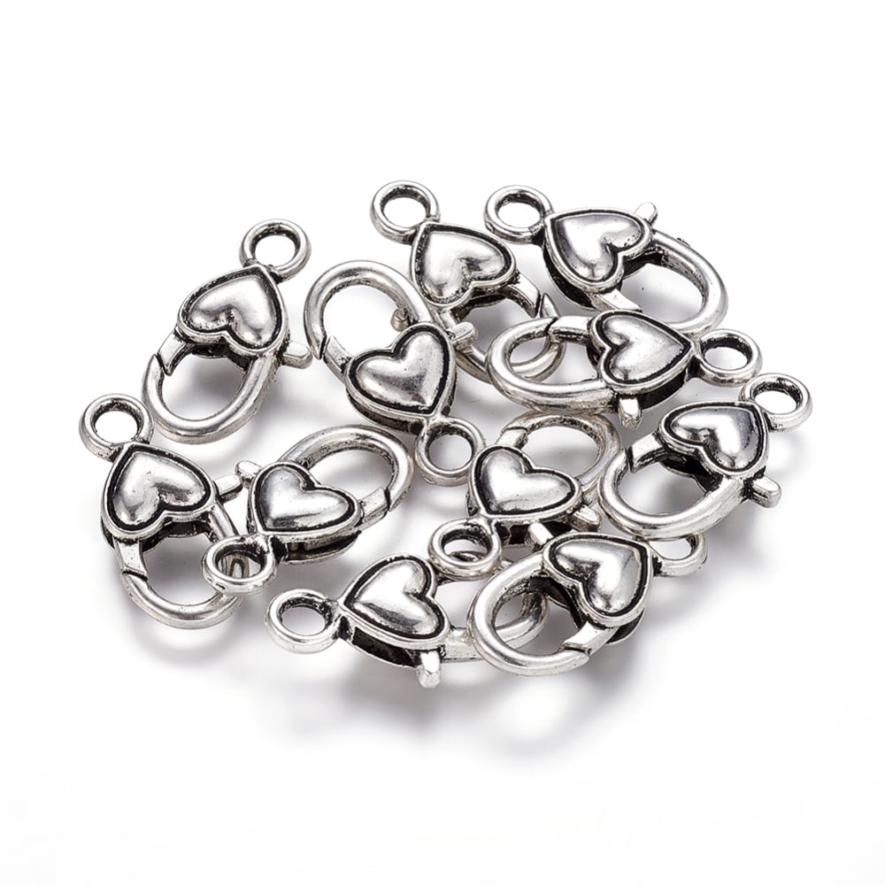 Tibetan style Heart Lobster Claw Clasps Cadmium Free Lead Free Mother's Day Jewelry Making Heart Silver 27mm long 13.5mm wide 6mm thick hole: 4mm