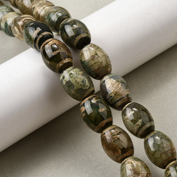 Tibetan style dZi Beads Strands Natural Agate Beads Dyed & Heated Rice Dark Olive Green Goddess of Mercy Pattern 16x12mm Hole: 1.8mm about 20pcs/strand 12.60''(32cm)