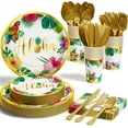 thumbnail image 1 of Tiblue Hawaiian Tropical Luau Party Decorations AFN1Supplies - 175 Birthday Disposable Dinnerware Set (25 Guest) With Paper Plates Cup Napkin Plastic Fork Knives Spoon for Summer Holiday - Gold, 1 of 3