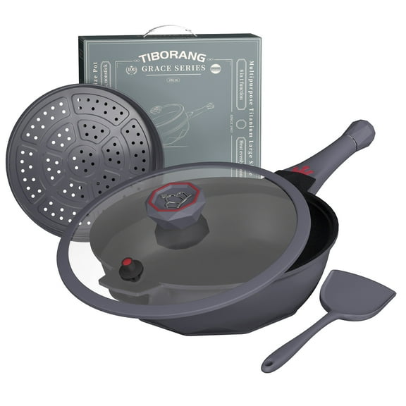 Tiborang 8-In-1 Nonstick Frying Pan, Large 5.5 Quart Pot Deep Multi-Functional Wok, Dishwasher Safe, Oven Safe, Easy to Clean,  Charcoal