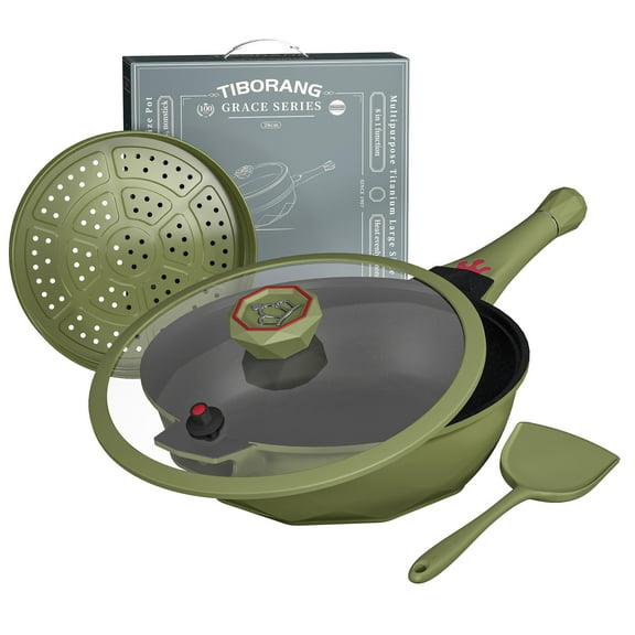 Tiborang 8-In-1 Nonstick Frying Pan, Large 5.5 Quart Pot Deep Multi-Functional Wok, Dishwasher Safe, Oven Safe, Easy to Clean,  Olivedrab