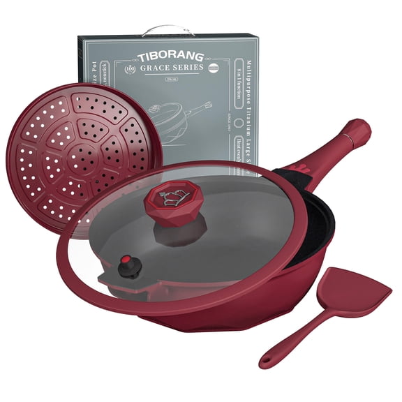 Tiborang 8-In-1 Nonstick Frying Pan, Large 5.5 Quart Pot Deep Multi-Functional Wok, Dishwasher Safe, Oven Safe, Easy to Clean, Ruby Red