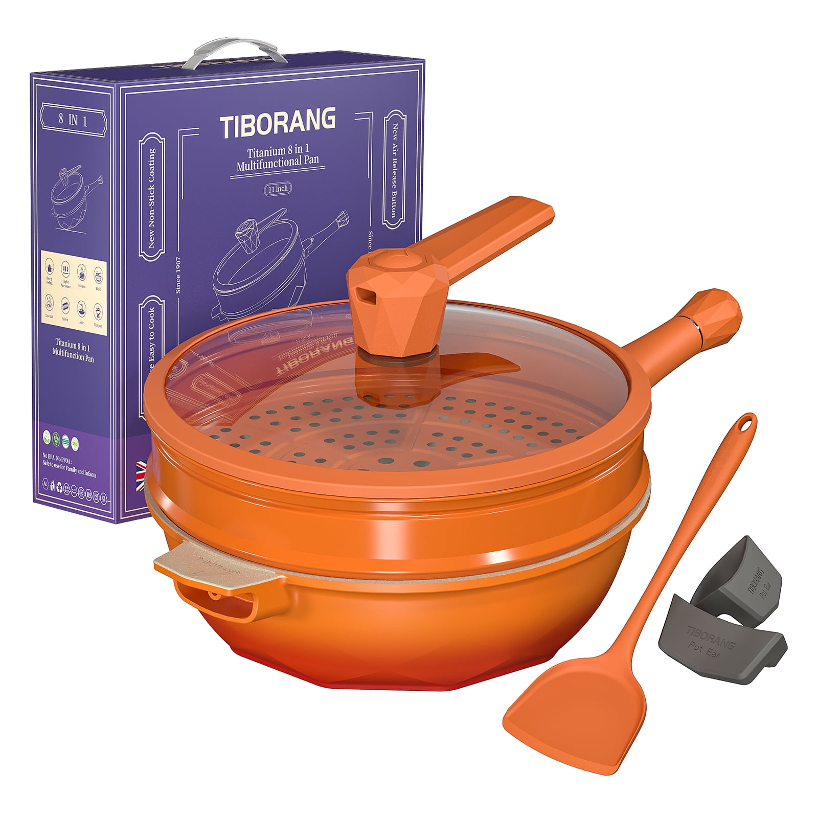 Tiborang Nonstick Frying Pans with Steamer Grid,11 inch All in One Pan