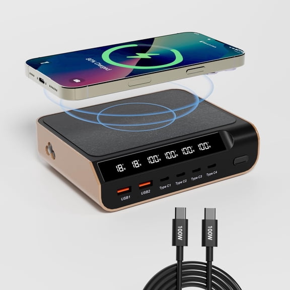 Tiburn GaN Desktop Charger, Charging USB C Charger, 240W 6-Port Charging Station with 15W Wireless Charger Station for iPhone, iPad, MacBook, Samsung and More (Full Feature Type C Cable Included)