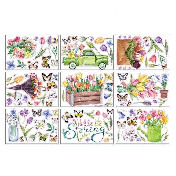Tibvox 9 Sheets Spring Themed Tulips PVC Window Sticker for Home and Office Decoration