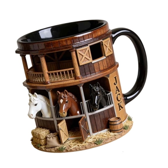 Tibvox Artistic Equestrian Theme Drinking Cup Ceramic Coffee Mug With Flat 2D Print Horse Stable Pattern For Daily Use