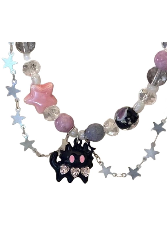 Tibvox Elegant Black Funny Necklace Cat Pendant Necklace Fashion Star Beaded Necklace