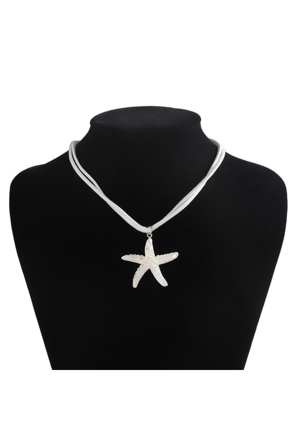 Tibvox Large Starfish Pendant Necklace Simple Choker Fashion Jewelry Simple Clavicle Chain Multilayer White Rope Neck Chain