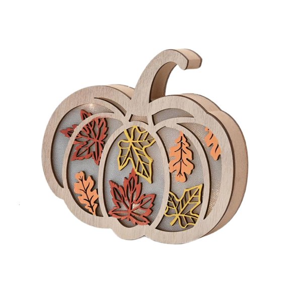 Tibvox Seasonal Fall Harvest Wood Accent LED Illuminating Pumpkin Leaf Cutouts Decoration