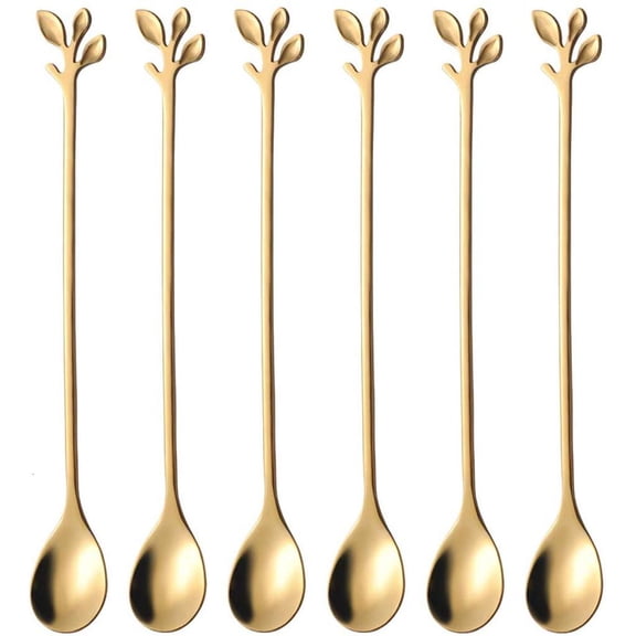 Tibvox Set of 6 Long Handle Tea Spoon Coffee Spoons Stainless Steel Leaf Shaped Teaspoons for Iced Tea Coffee Ice Cream Dessert