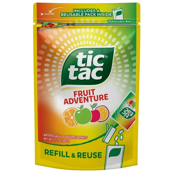 Tic Tac Bulk Resealable KEF28 Refill Bag, Fruit Adventure Mints, On-The-Go Refreshment, Includes Empty Refillable Pack, 17.2 oz