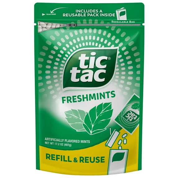 Tic Tac Bulk Resealable MFF30 Refill Bag, Freshmint Breath Mints, On-The-Go Refreshment, Includes Empty Refillable Pack, 17.2 oz