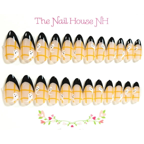 Tic Tac Ghost French Manicure Glossy Almond Press On Nails - 24 Pieces - Artificial Nail Kit - Halloween Nails