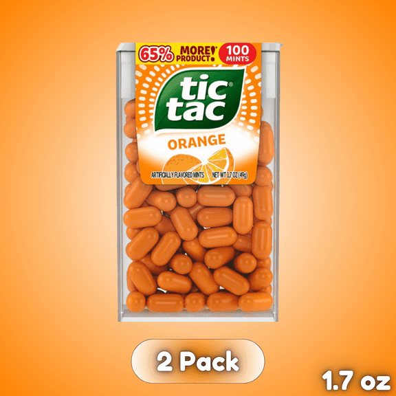 Tic Tac Orange Mints 1.7oz 2 Pack On-The-Go Refreshment, Fruity Citrus Flavor, Portable Pocket-Sized Breath Freshener Candy