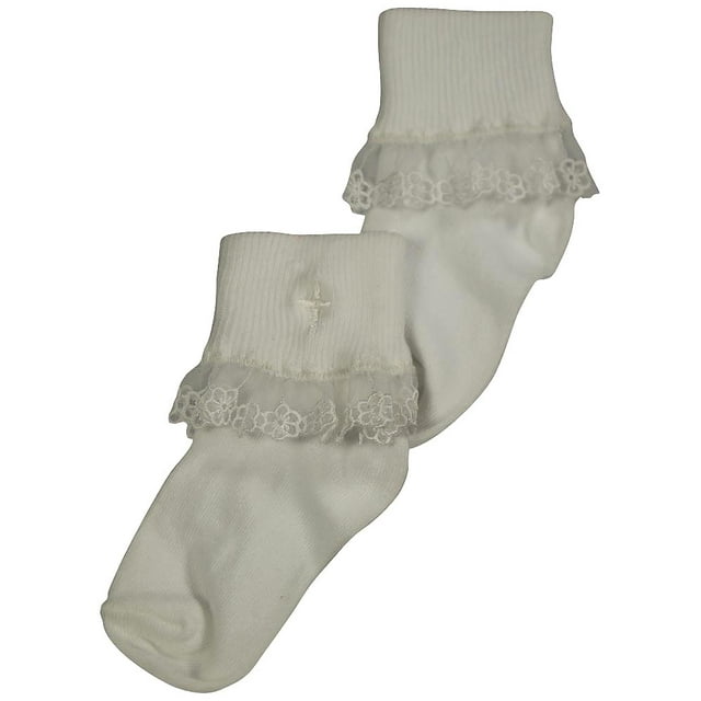 Tic Tac Toe Girls Rollover Lace Sock 31903-6-12Months (white lace cross)