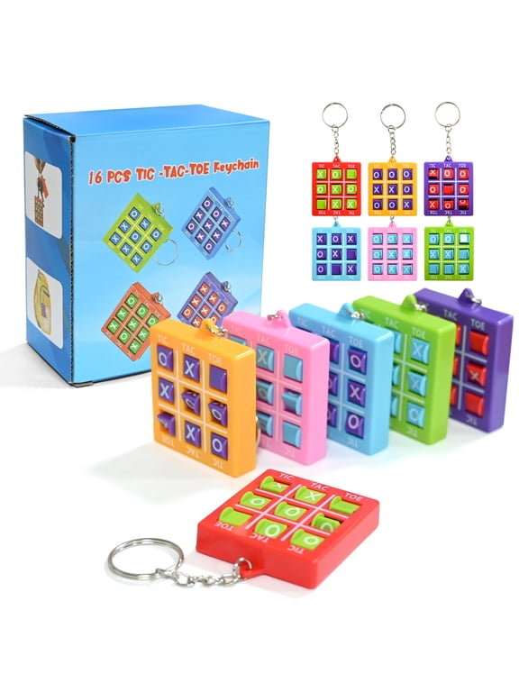 Tic Tac Toe Keychain Party Favors for Kids, Goodie Bag Fillers & Classroom Prizes for Boys and Girls Ages 4-8, 8-12, Mini Stocking Stuffers, 16 Pack Bulk Toys