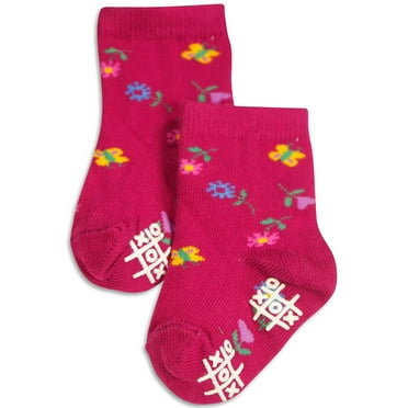Tic Tac Toe - Little Girls' Striped Ankle Sock 31836-Small (raspberry butterflies)