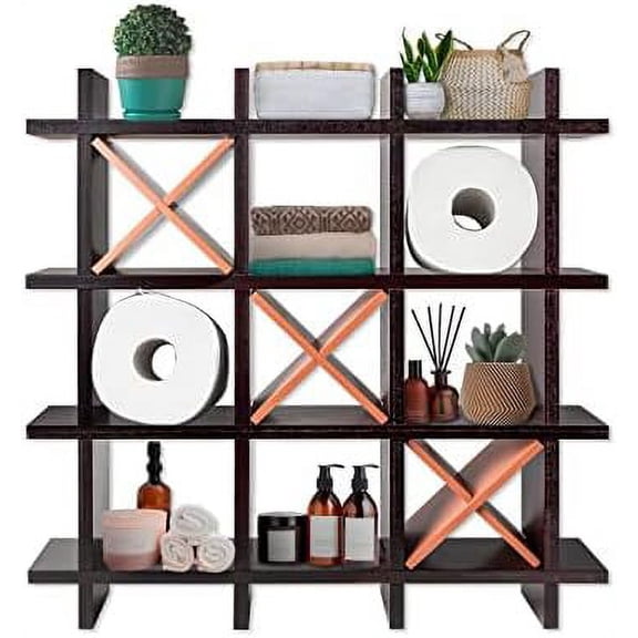 Tic-Tac-Toe Toilet Paper Holder – Freestanding or Wall Mounted Storage for Bathroom Tissue – Distressed Dark Brown Farmhouse Decor