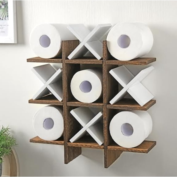 Tic Tac Toe Toilet Paper Holder Stand Bathroom Wall Decor Rustic Wooden Hanging Storage Freestanding Wall Mounted Shelves Decor for Toilet Tissue Farmhouse