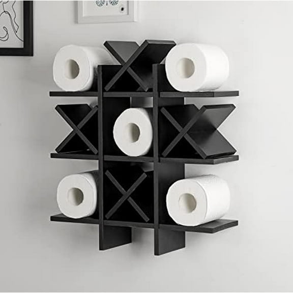 Tic Tac Toe Toilet Paper Holder Stand Bathroom Wall Decor Rustic Wooden Hanging Storage Freestanding Wall Mounted Shelves Decor for Toilet Tissue Farmhouse