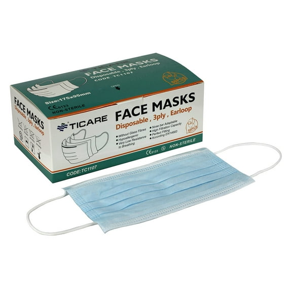 Ticare Face Masks, 3 ply disposable with ear loops, Box of 50