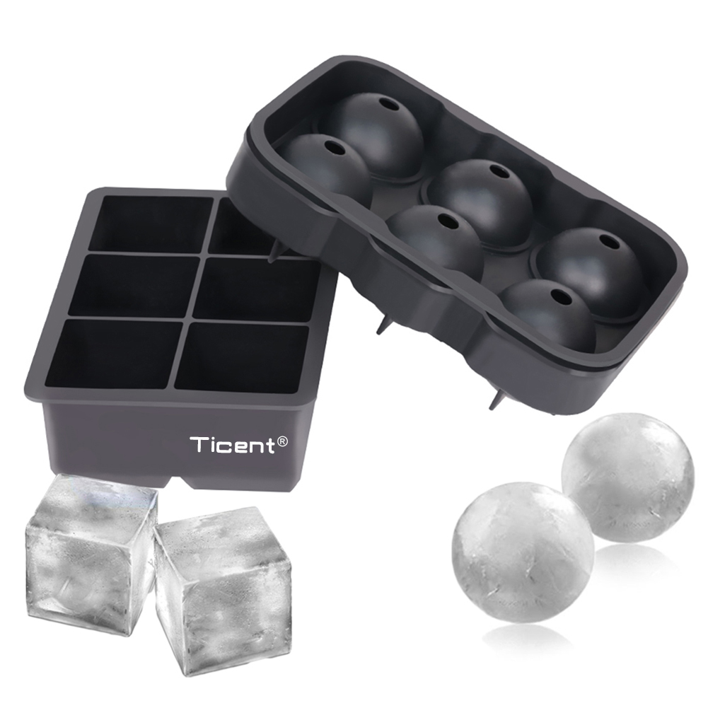 Ticent Ice Cube Trays (Set of 2) - Silicone Sphere Whiskey Ice Ball Maker with Lids & Large Square Ice Cube Molds for Cocktails & Bourbon - Reusable & BPA Free - image 1 of 7