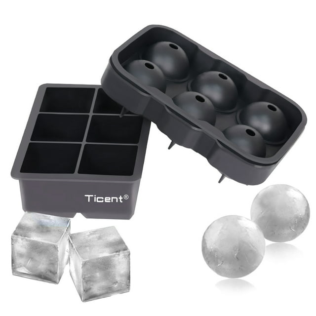 Ticent Ice Cube Trays (Set of 2) - Silicone Sphere Whiskey Ice Ball Maker with Lids & Large Square Ice Cube Molds for Cocktails & Bourbon - Reusable & BPA Free