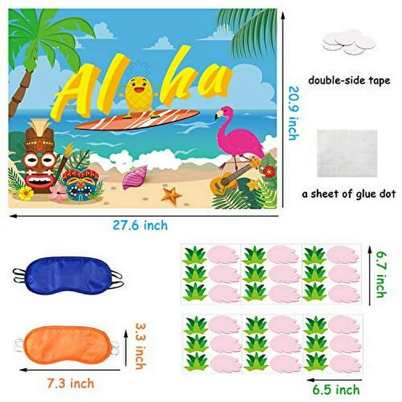 Ticiaga 36pcs Aloha Hawaii Party Stickers Game, Pin The Hair And Wing On Large Pineapple And Flamingo Poster, Summer Theme Party Game Activity for Kids, Tropical Luau theme Party Decoration Supplies