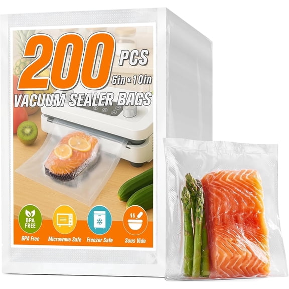 Ticibro Precut Vacuum Sealer Bags for Food, 200 Pint 6" x 10", Food Long-Term Storage and Sous Vide Commercial-Grade Bag, BPA Free for Microwave, Boiling,Sous Vide, Refrigerator