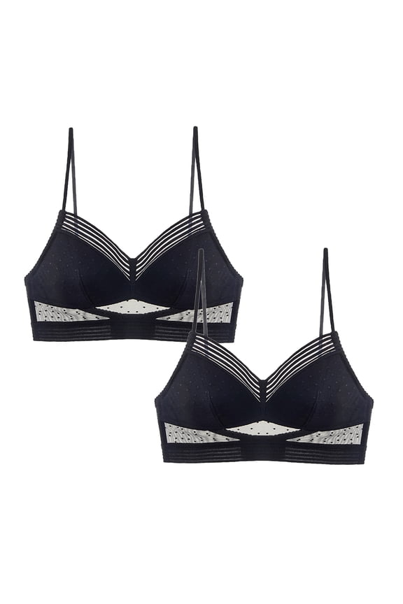 2PC Women's French Open Back U Shaped Thin Bud Bra Summer Comfortable Underwear No Steel Ring Design,Color:Black